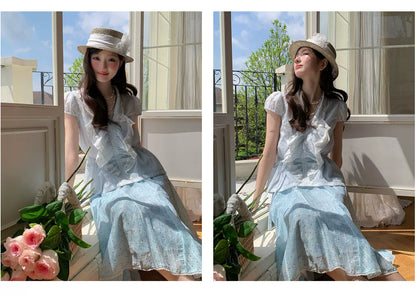 “Blue Breeze Sonata” Blue Ruffle Lace Blouse