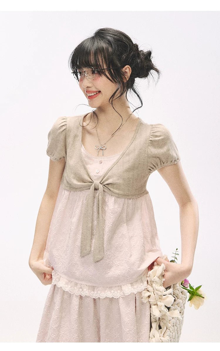 "Sweetheart Pages" Blush Pink Bow Puff Sleeve Top & A-Line Skirt Set
