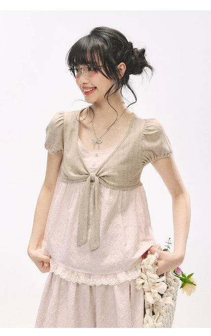 "Sweetheart Pages" Blush Pink Bow Puff Sleeve Top & A-Line Skirt Set
