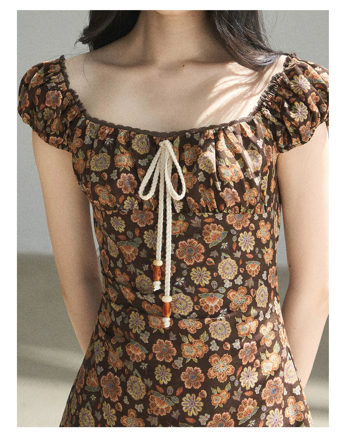 "Wildflowers & Freedom" Mocha Mousse Floral Puff Sleeve Mini Dress