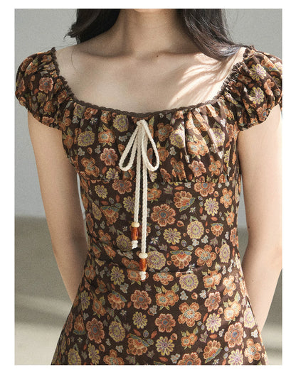 "Wildflowers & Freedom" Mocha Mousse Floral Puff Sleeve Mini Dress