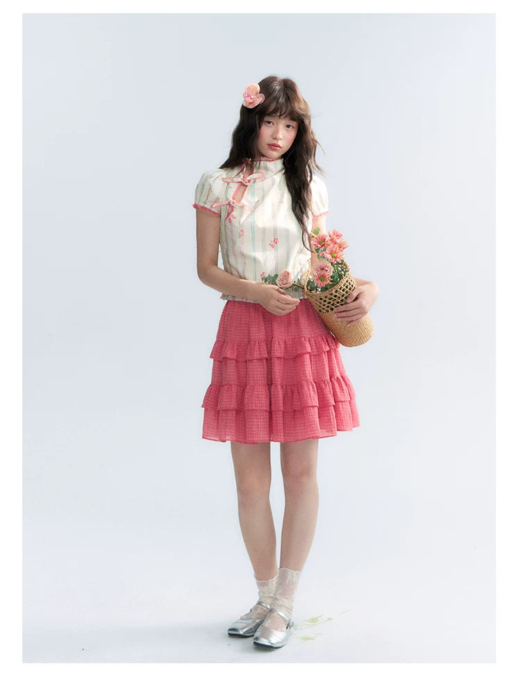 "Peach Blossom" Plum Pink Plaid Tiered A-Line Skirt