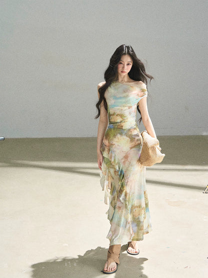 "Daisies & Poppies" Misty Meadow Off-Shoulder Lace Maxi Dress