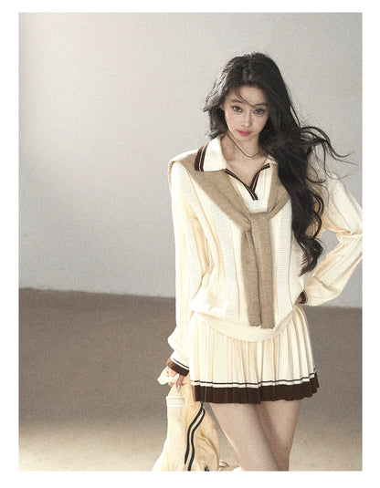AOMALM - Dutch Cheese Knit Top & Pleated Mini Skirt Set with Khaki Shawl