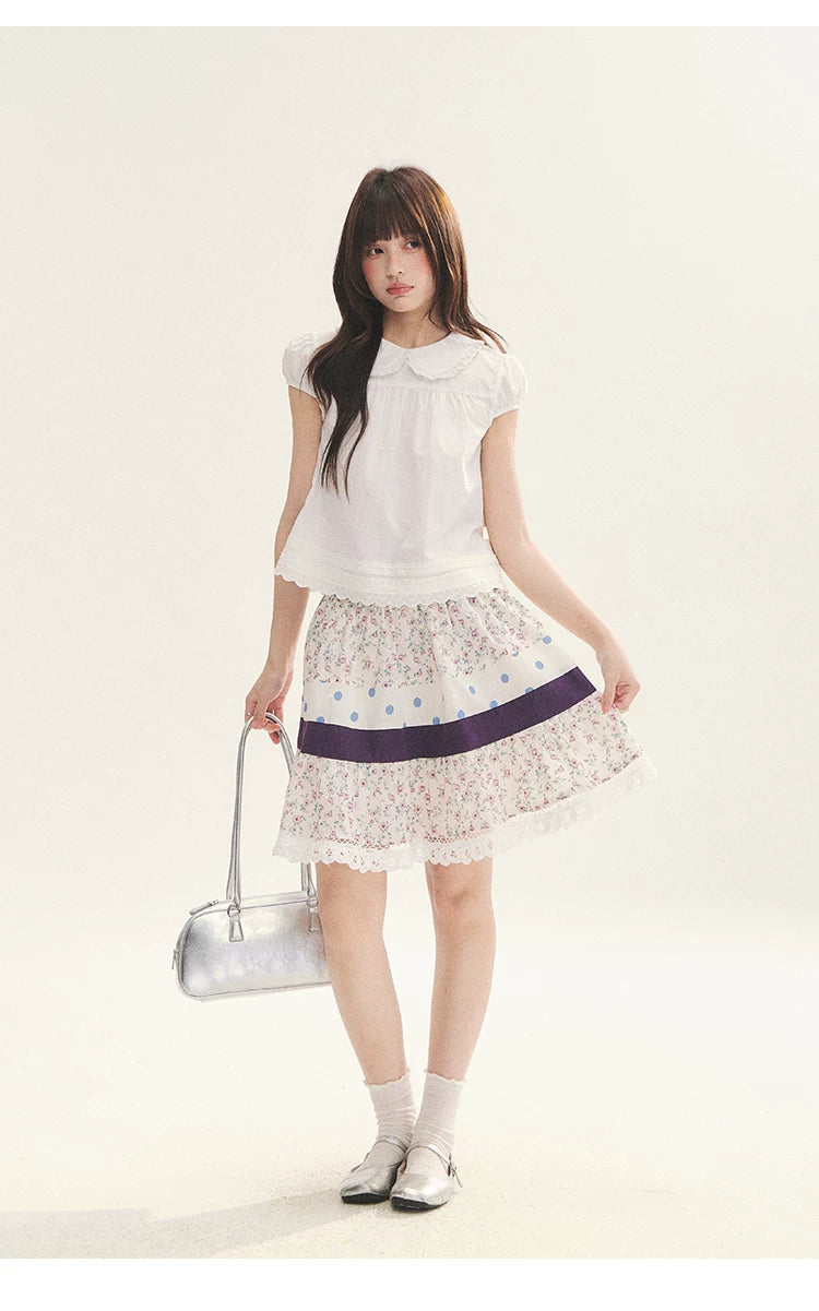 "Moonlight Grape" Vintage Floral Polka Dot Lace A-Line Skirt