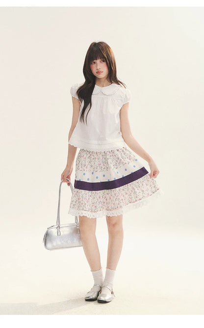 "Cotton Cloud" White Ruffle Collar Puff Sleeve Babydoll Top