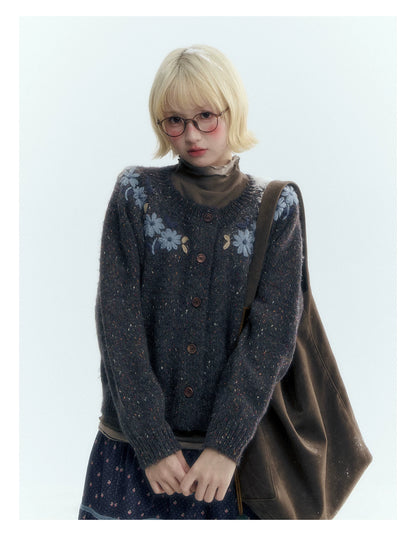 Horridale - Dark Heather Gray Vintage Crochet Flower Knit Cardigan