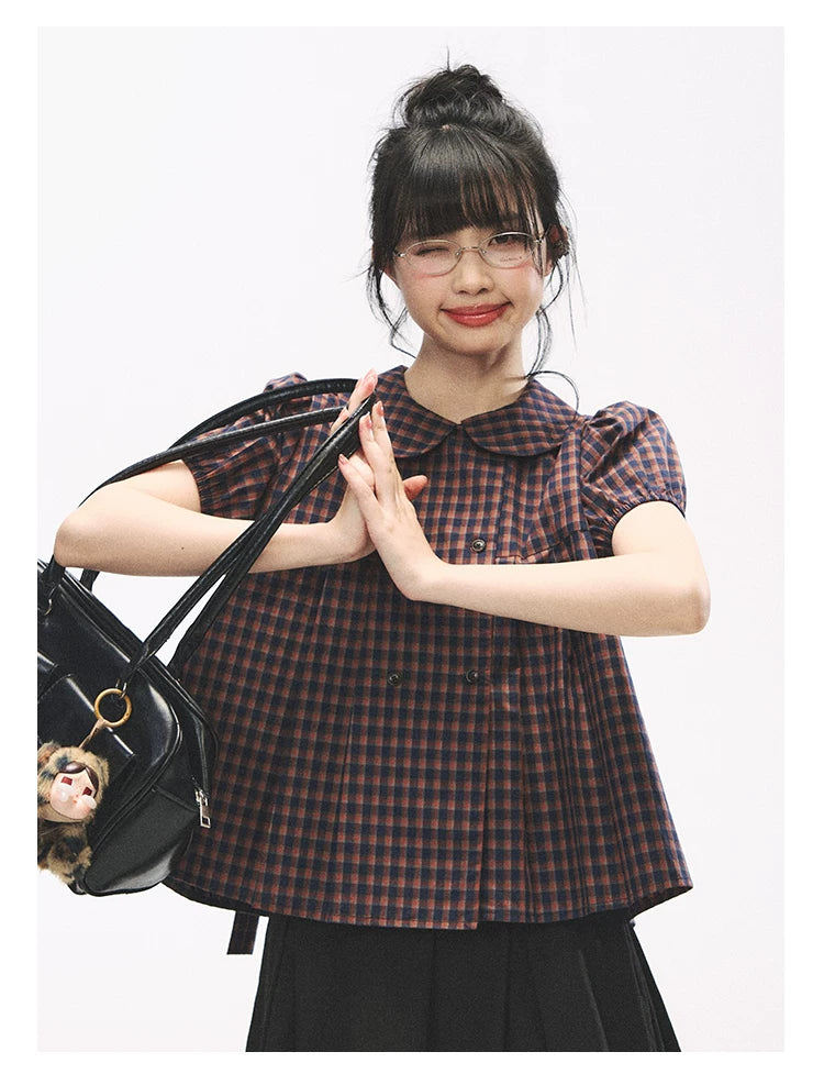 "Retro Plaid Sweetheart" Navy Orange Check Cotton Peter Pan Collar Blouse
