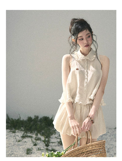 "Soft Cloud Reverie" Dutch Cream Lace Top & Bubble Skirt & Wide-Leg Pants Set 5468465