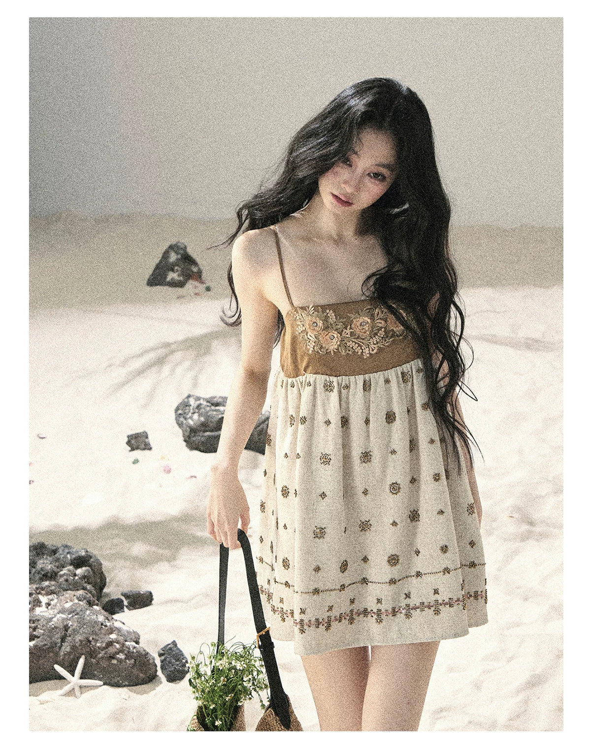 "Whispers Through the Wheat Fields" Oat Beige Floral Cami Babydoll Mini Dress