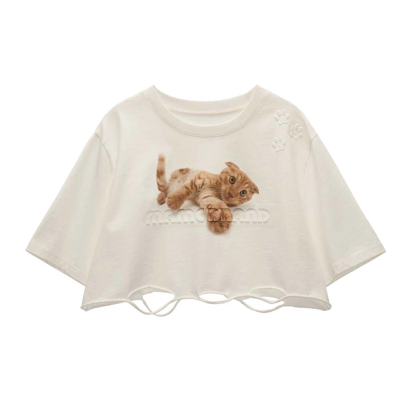 "Playful Kitty Mood" Distressed Cropped Graphic T-shirt WE985