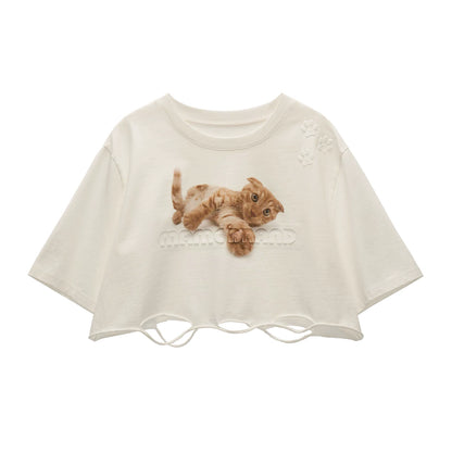 "Playful Kitty Mood" Distressed Cropped Graphic T-shirt WE985