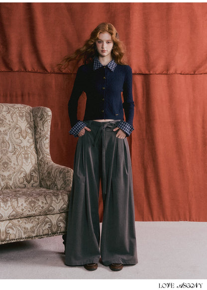 ASGONY - Pleated Wide-Leg Trousers with Detachable Tie (Gray / Brown)