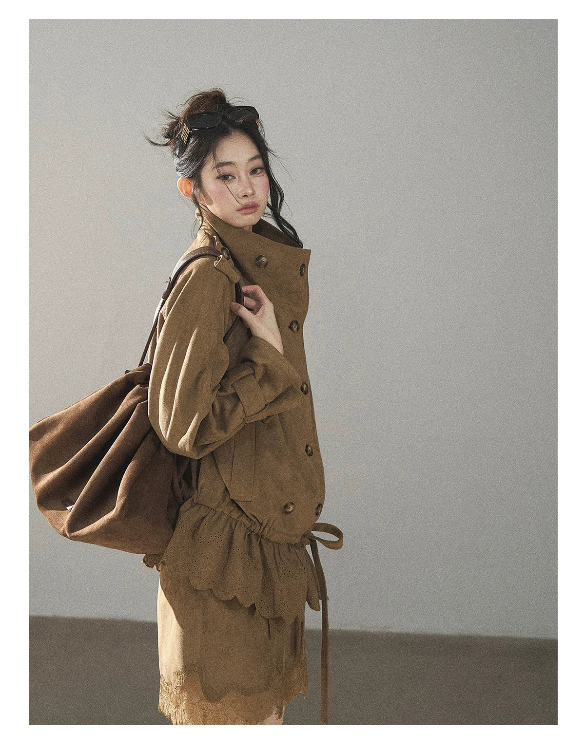AOMALM - Sandstone Brown Faux-Suede Jacket & Lace-Trim Mini Skirt Set