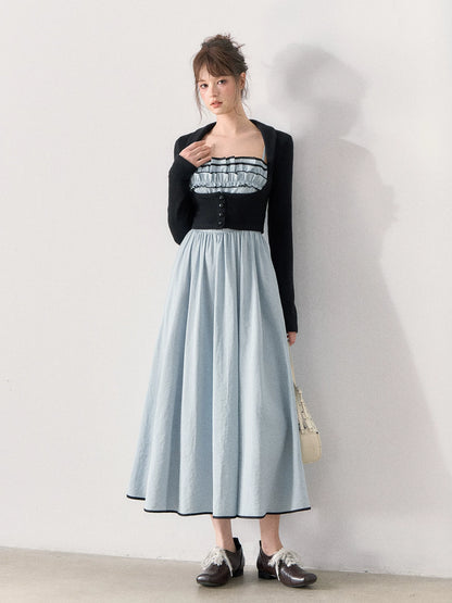 [TMMG] French Vintage Ruffle Dress & Cropped Knit Cardigan Set