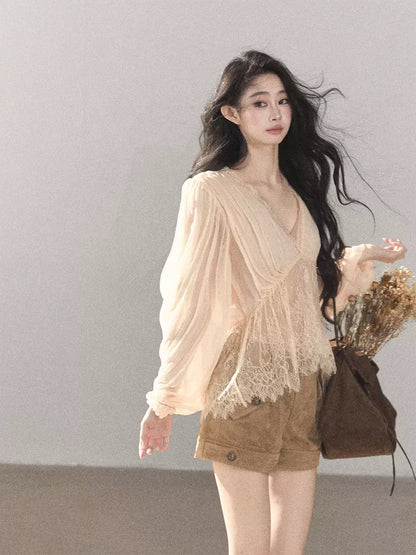 AOMALM - Blush Pink Lace-Trim Chiffon Blouse & Cami Set