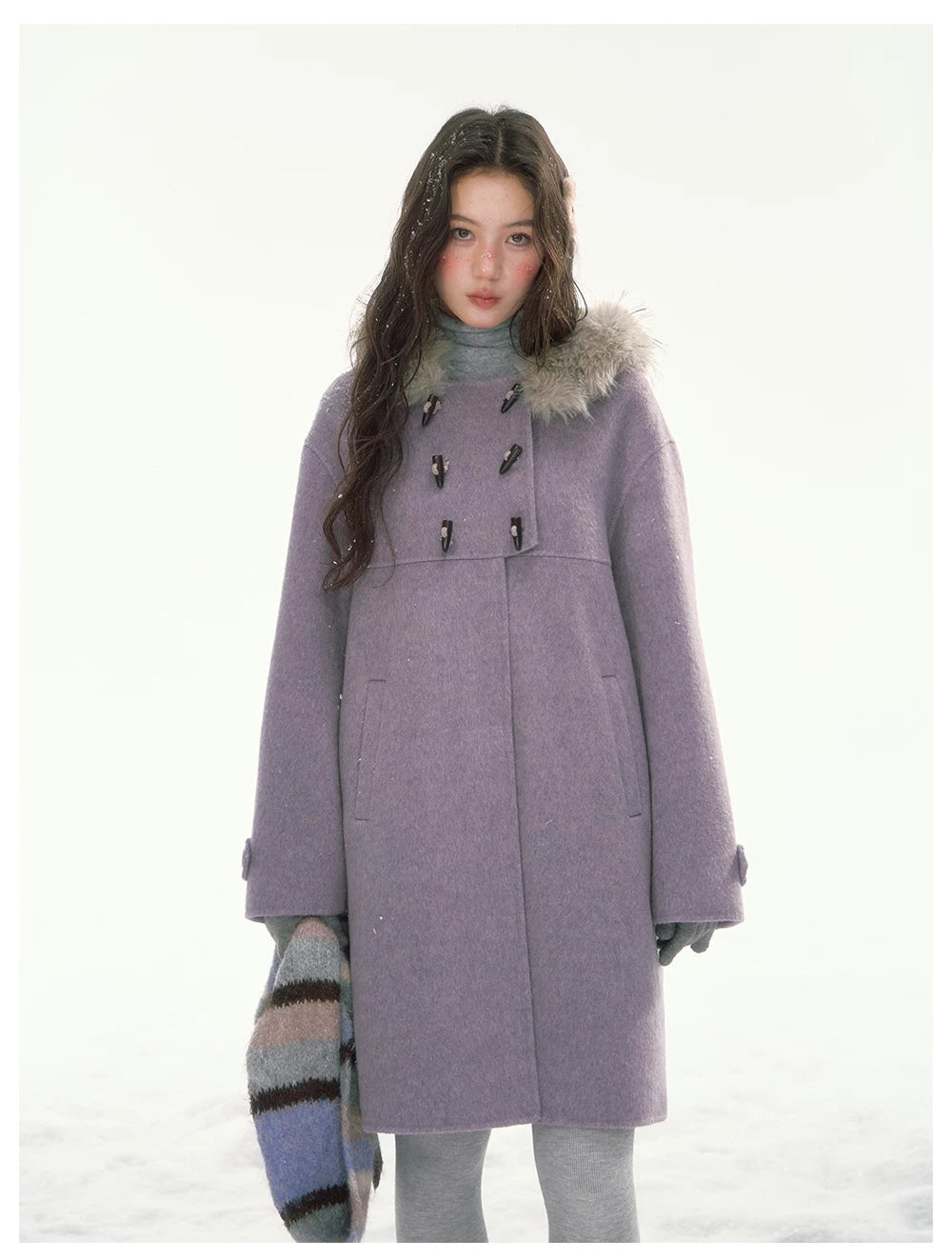 CANSTORE - "Wisteria Isle Lavender" Wool-Blend Hooded Coat with Detachable Faux Fur Collar