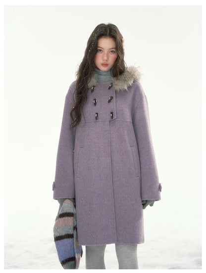 CANSTORE - "Wisteria Isle Lavender" Wool-Blend Hooded Coat with Detachable Faux Fur Collar