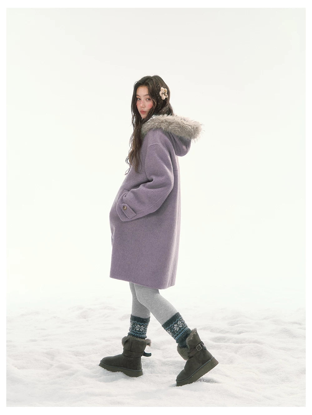 CANSTORE - "Wisteria Isle Lavender" Wool-Blend Hooded Coat with Detachable Faux Fur Collar