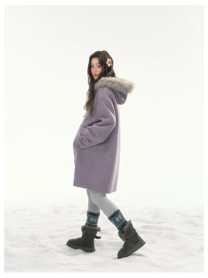 CANSTORE - "Wisteria Isle Lavender" Wool-Blend Hooded Coat with Detachable Faux Fur Collar