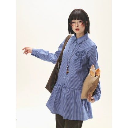"Holiday Blues" Blue Plaid Bow Shirt Mini Dress