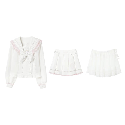 KYOUKO - My Melody White and Pink Lace Sailor Top, Heart Pleated Skirt and Tulle Skirt Set