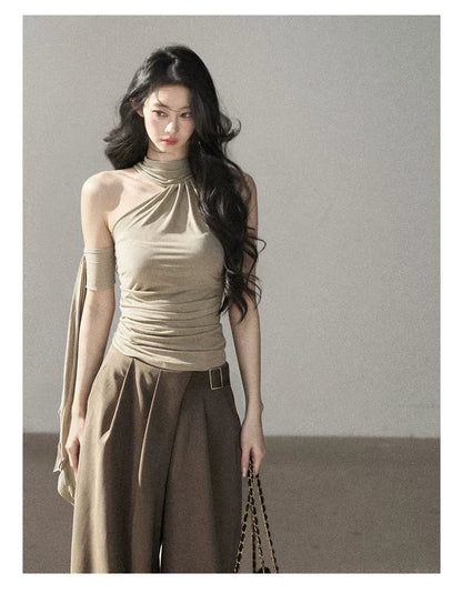 AOMALM - Halter Neck Off-Shoulder Cropped Tee in Milk Tea