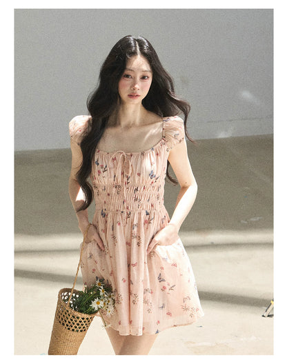 "A Meadow of Dreams" Dutch Cream Ruched Babydoll Mini Dress