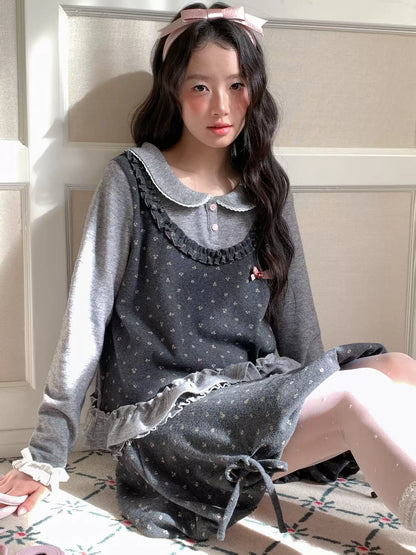 [[RF] “Gray-Toned Layered Charm” Gray Floral Two-Piece Skirt Set
