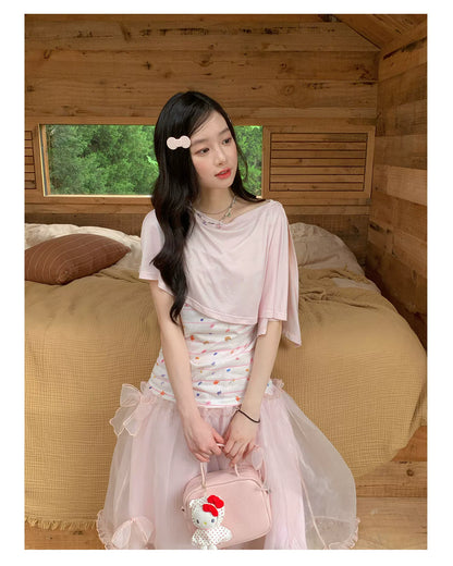 [RF] “Peach Blossom Layers” Peach Pink Striped Floral Print Short-Sleeve T-Shirt