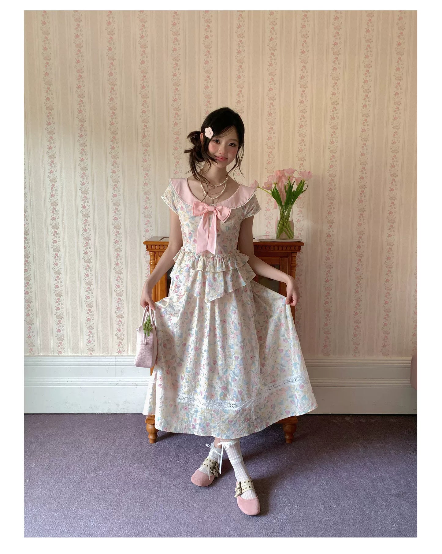 “Peach Blossom Ballad” Pink Floral Lace Maxi Dress