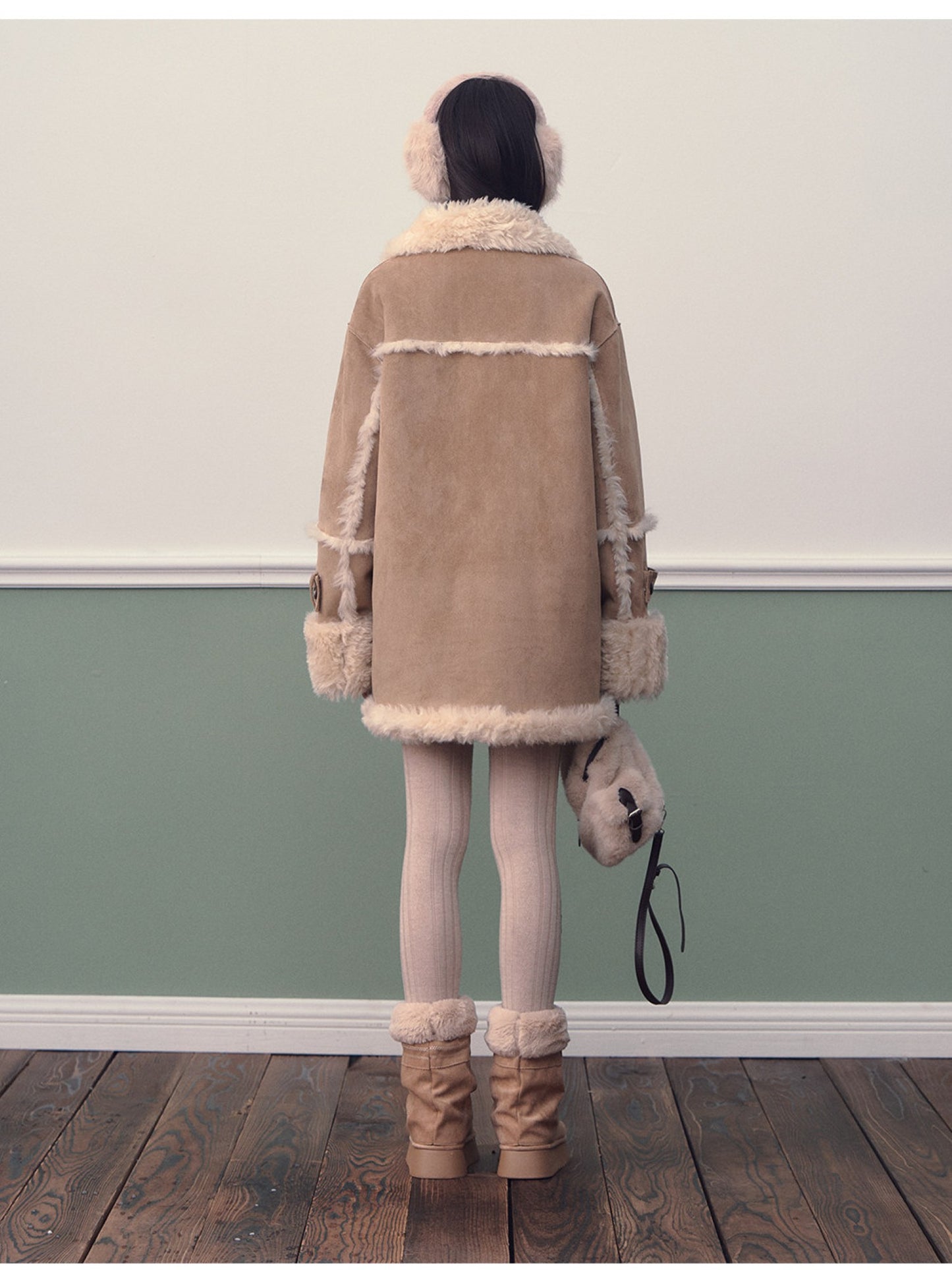 Soote Season - Oversized Korean-Style Faux Suede Shearling Collar Mid-Length Coat - Camel Brown