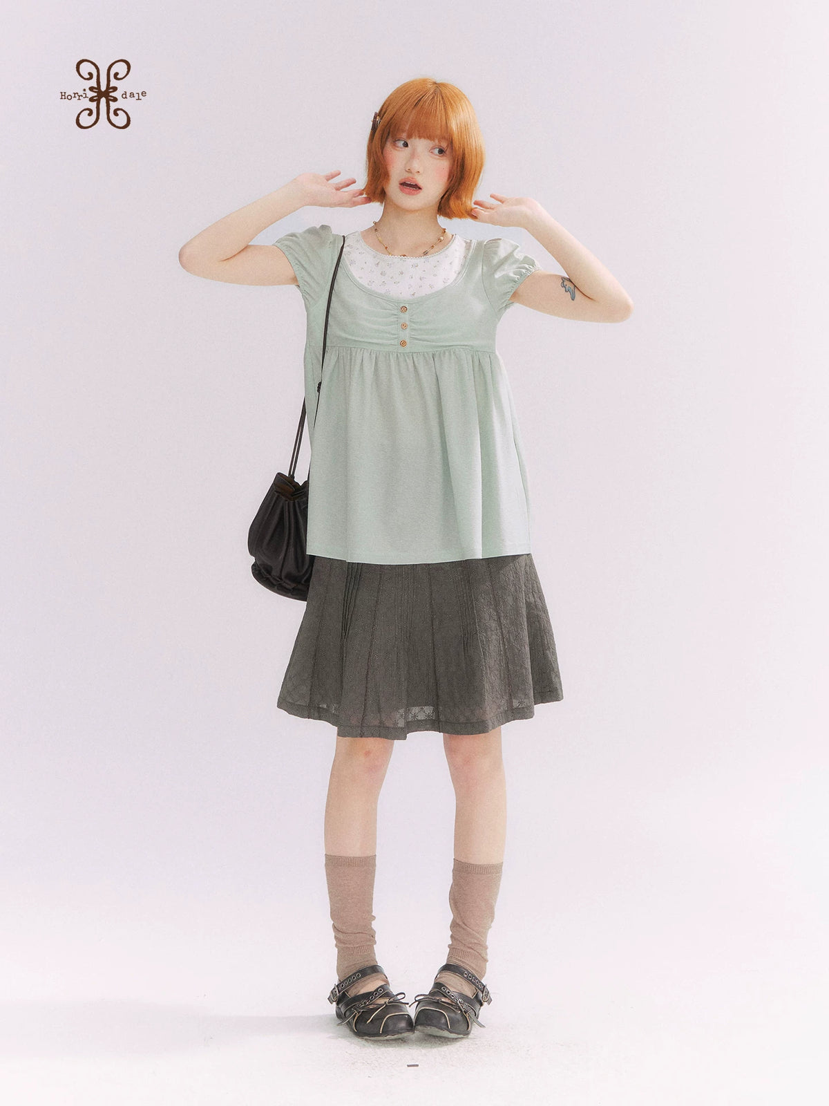 “Vintage Layered Charm” Mint Green Floral Layered Puff Sleeve T-Shirt