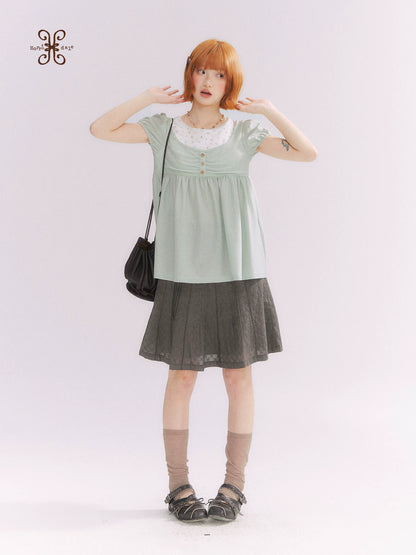 “Vintage Layered Charm” Mint Green Floral Layered Puff Sleeve T-Shirt