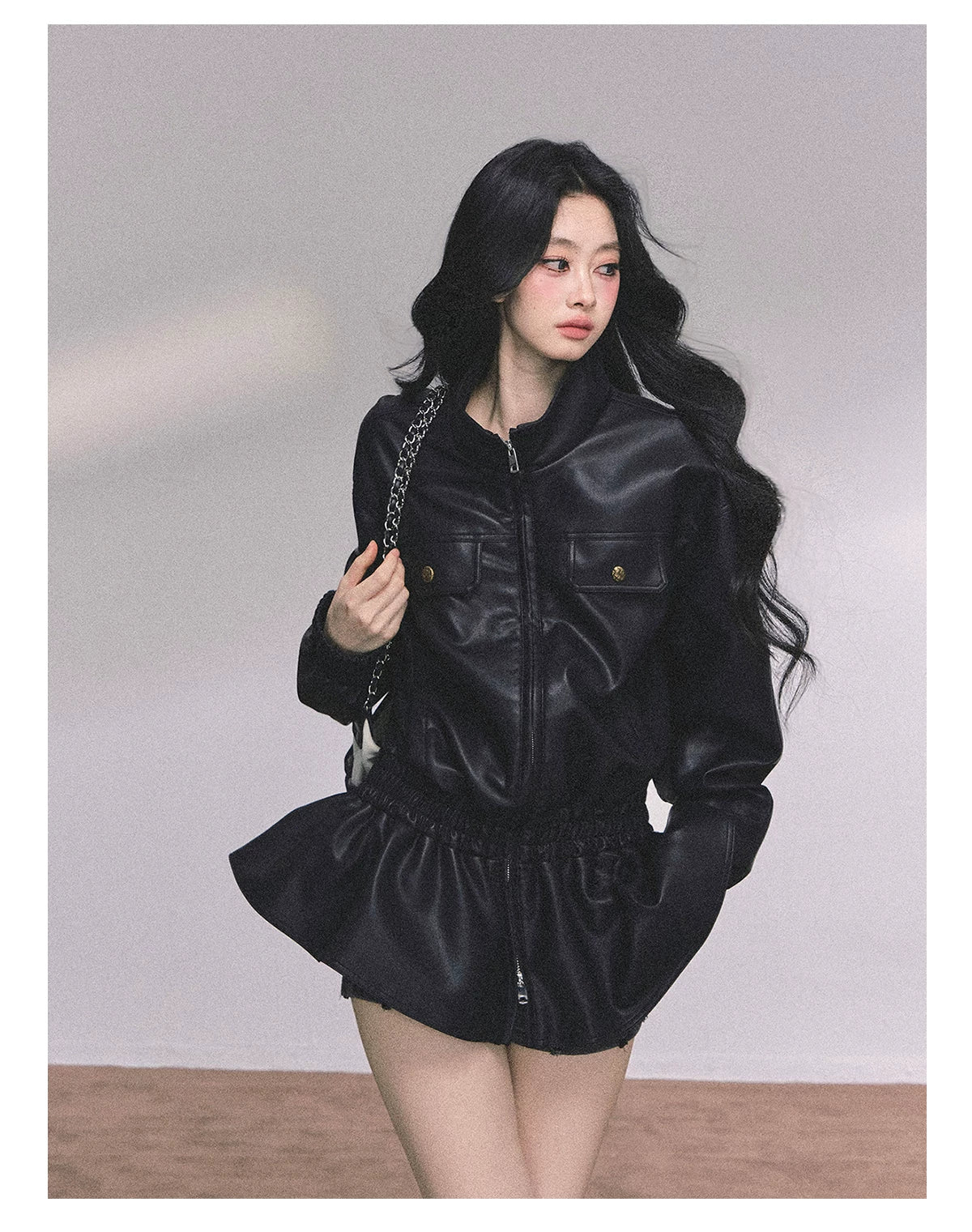 AOMALM - Burgundy PU Suede Jacket & A-Line Shorts Set