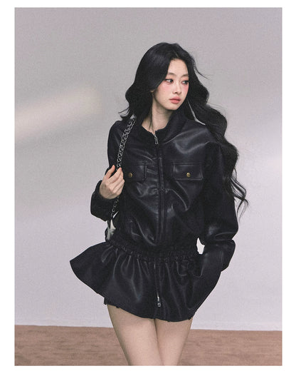 AOMALM - Burgundy PU Suede Jacket & A-Line Shorts Set