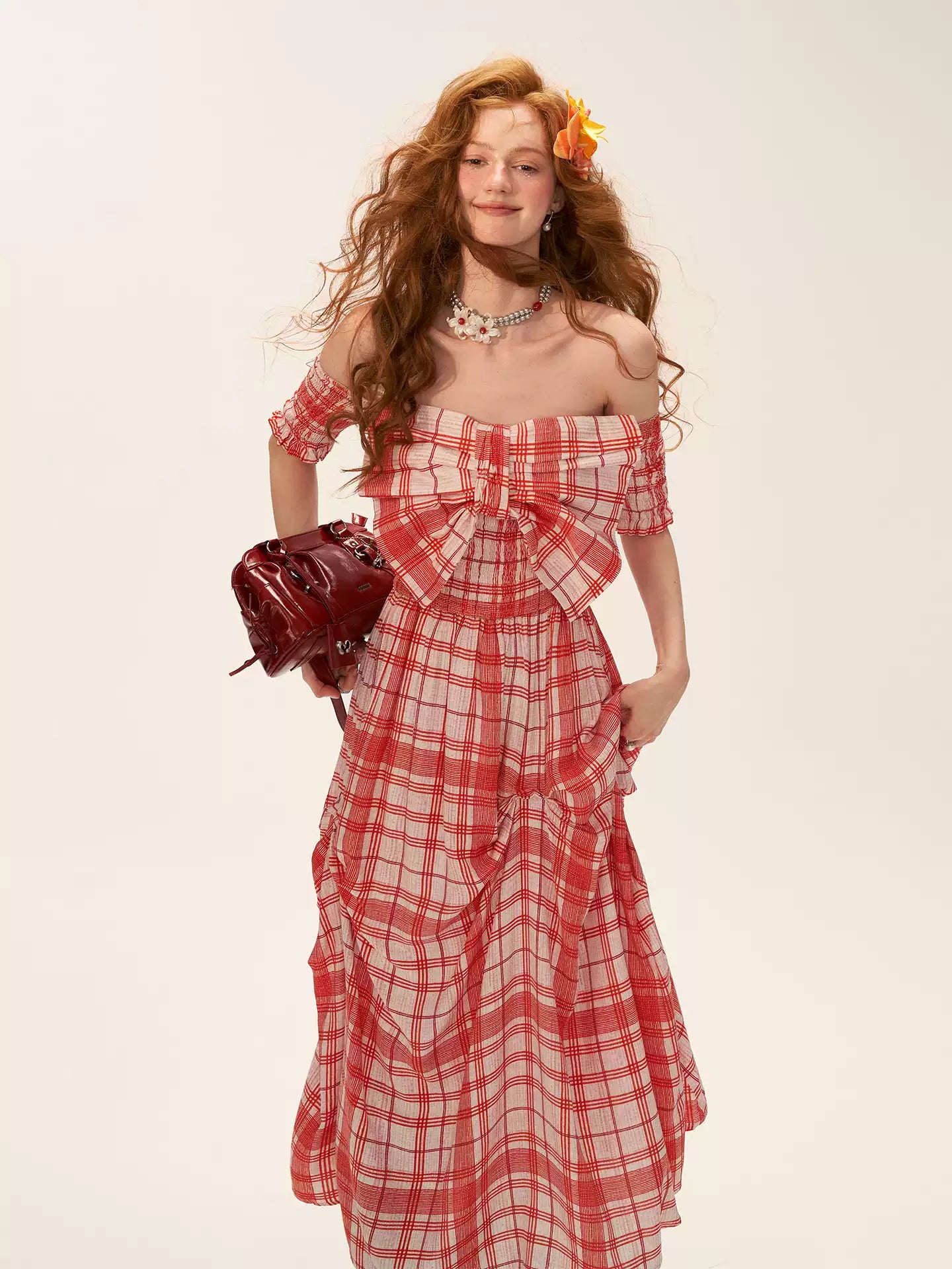 MAMC - Red Plaid Bow Maxi Dress – Off-Shoulder Waist-Cinched Vacation Outfit
