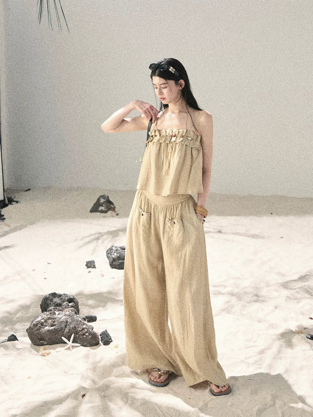 "Traces of the Wind" Sand Beige Cami & Wide-Leg Pants Set