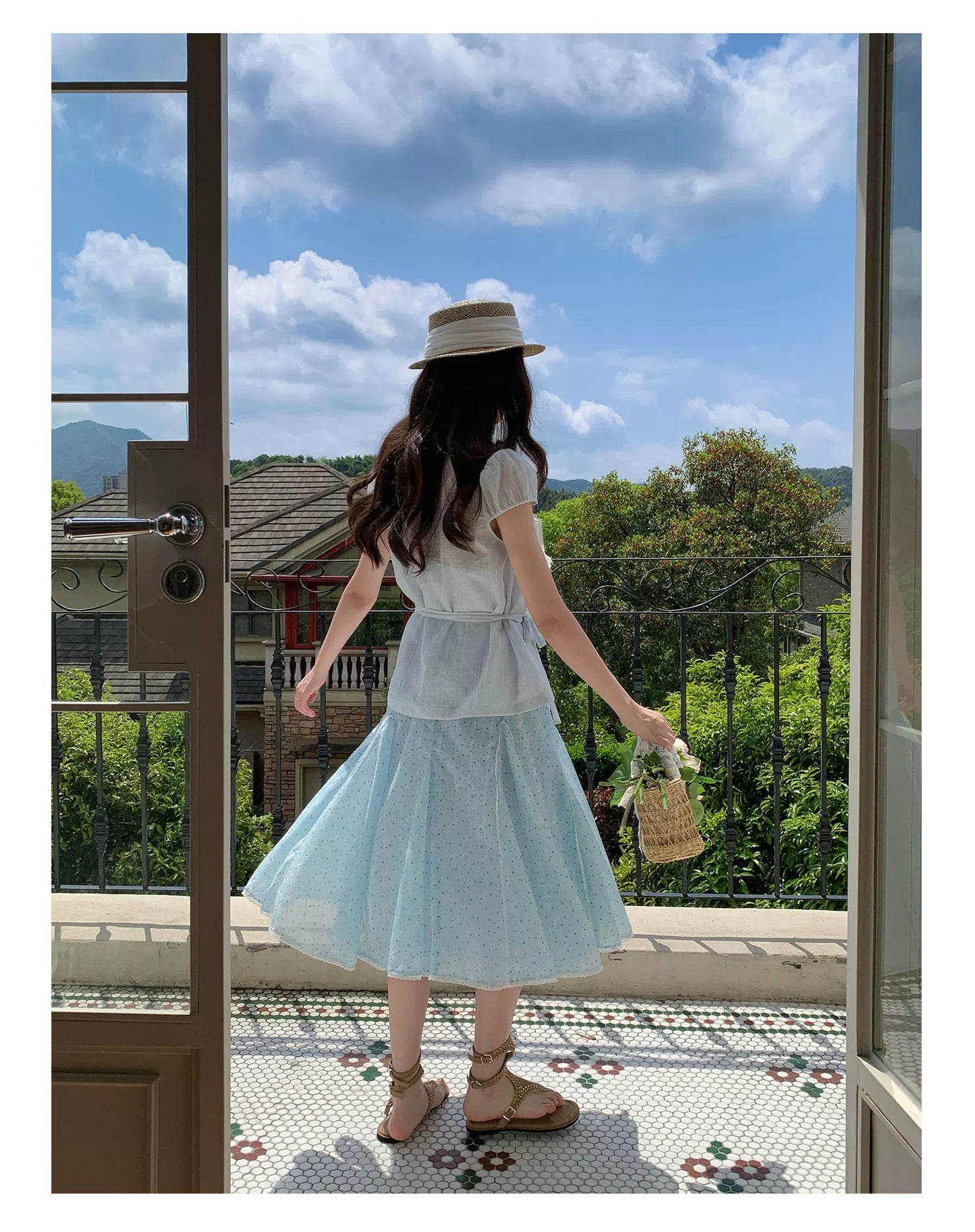 “Blue Berry Stardust” Blue Floral Polka Dot Skirt