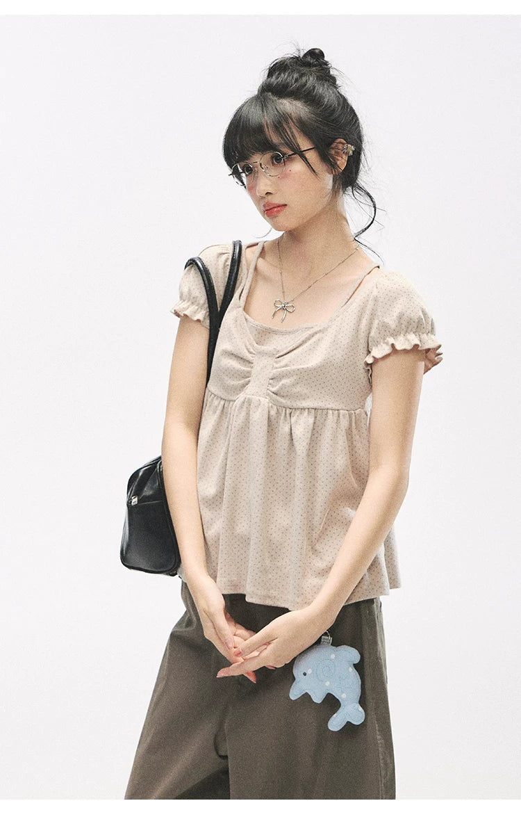 "Sweetheart Crew" Polka Dot Faux Two-Piece Bow Knit Short Sleeve Top