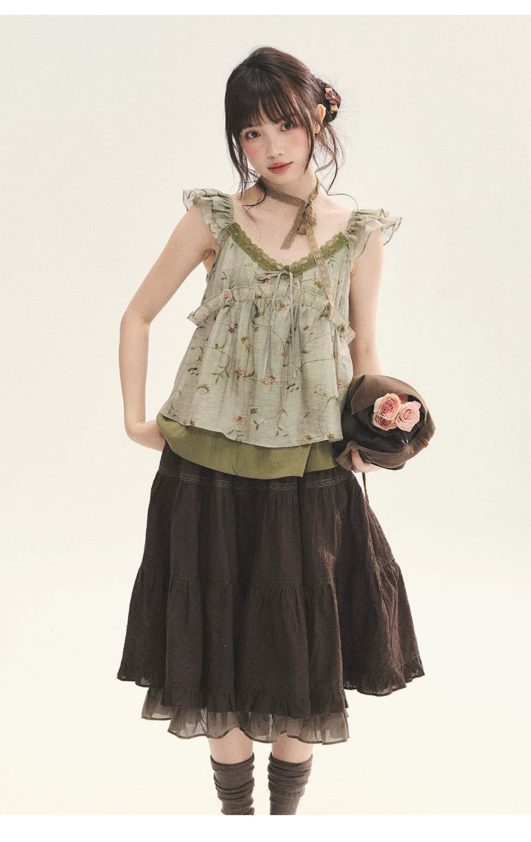 "Enchanted Forest" Moss Green Floral Lace Ruffle Cami Top