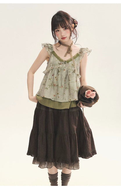 "Enchanted Forest" Moss Green Floral Lace Ruffle Cami Top