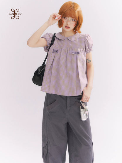 “Taro Milk Candy” Purple Plaid Bow Peter Pan Collar Puff Sleeve Blouse