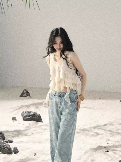 "Moonlight Across the Lake" Pale Goose Yellow Chiffon Mesh Sleeveless Crop Top