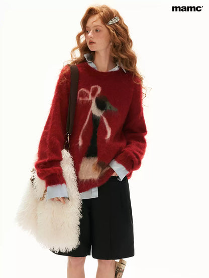 MAMC - Burgundy Bow Duck Jacquard Fuzzy Knit Sweater