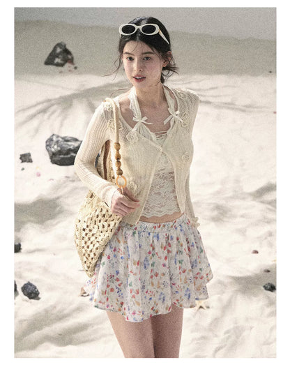 "Blooming Floral Reverie" Cream Ivory Floral A-Line Mini Skirt