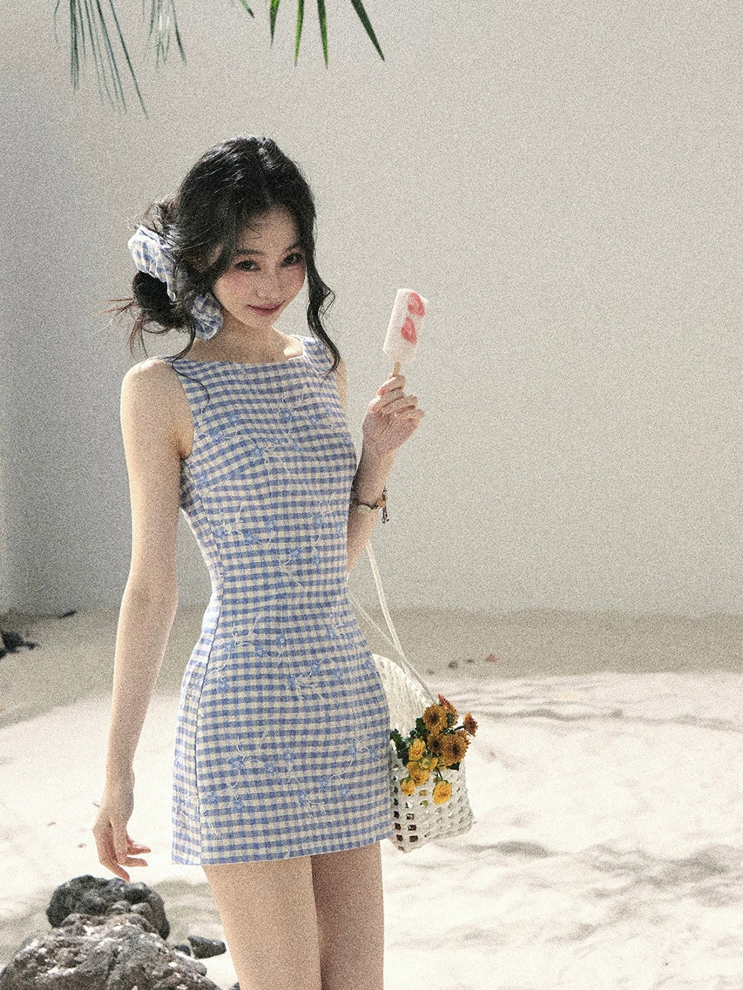 "Sea Breeze Reverie" Sky Blue Embroidered Plaid Mini Dress (With Matching Scrunchie)