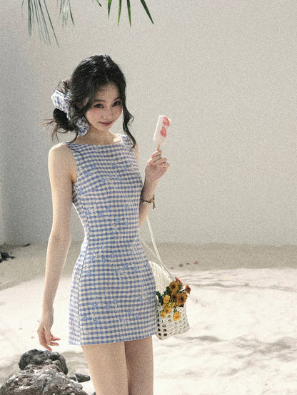 "Sea Breeze Reverie" Sky Blue Embroidered Plaid Mini Dress (With Matching Scrunchie)