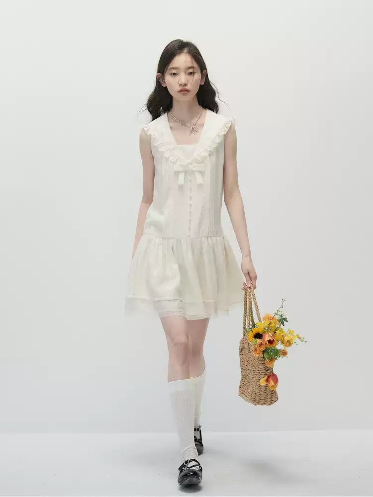 Ivory Beige Low-Rise Sailor Collar Dress with Adjustable Bow Ties