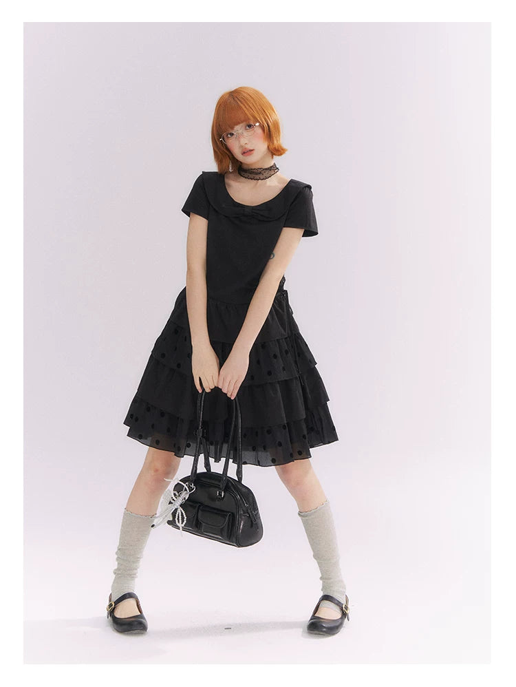 “Midnight Sweetheart” Black Korean-Style Bow Polka Dot Tiered Dress